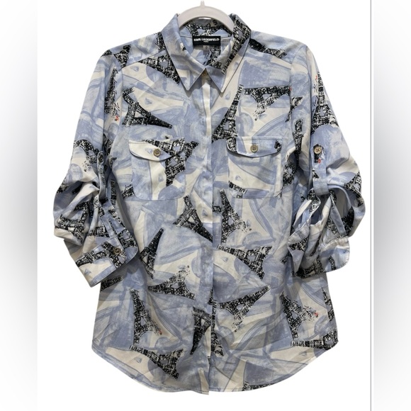 Karl Legerfield ladies Large button down Eiffel Tower blue, black & white blouse - Picture 1 of 4